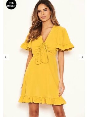 AX Paris Mustard Yellow Tie-Front Ruffle Mini Dress
